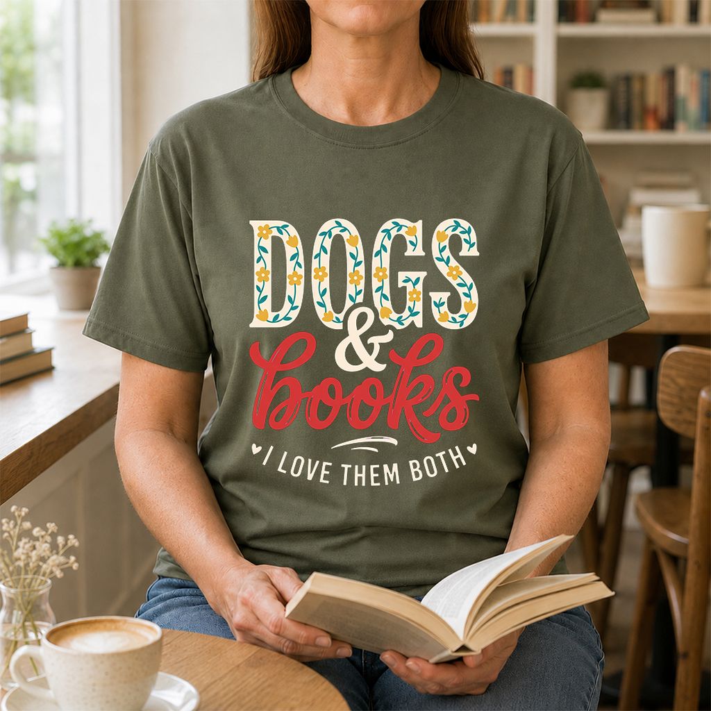 Dogs & Books I Love Them Both Printed T-Shirt | Dog Mom Reader Gift Military Green