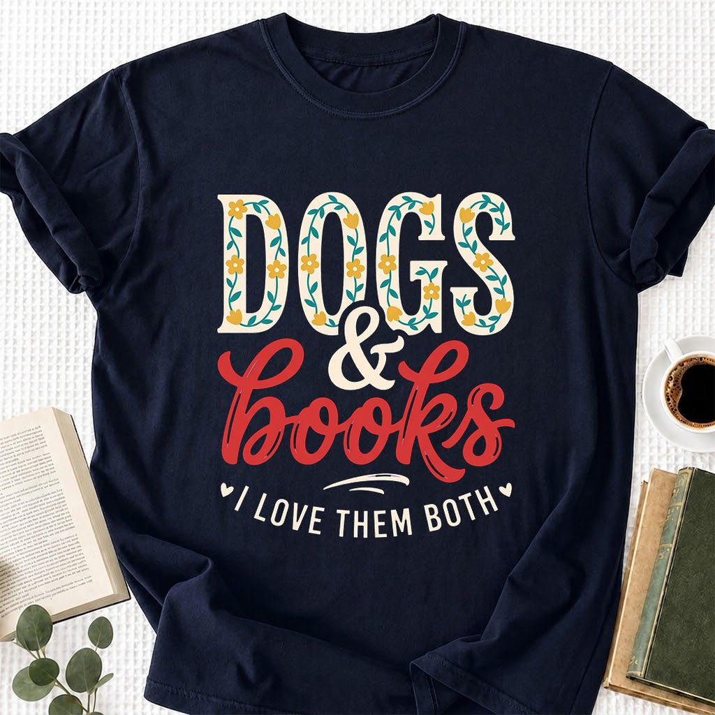 Dogs & Books I Love Them Both Printed T-Shirt | Dog Mom Reader Gift Navy