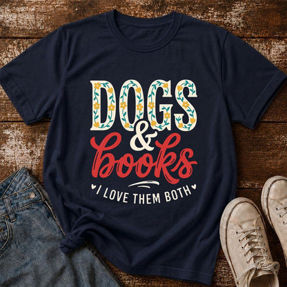 Dogs & Books I Love Them Both Printed T-Shirt | Dog Mom Reader Gift Navy