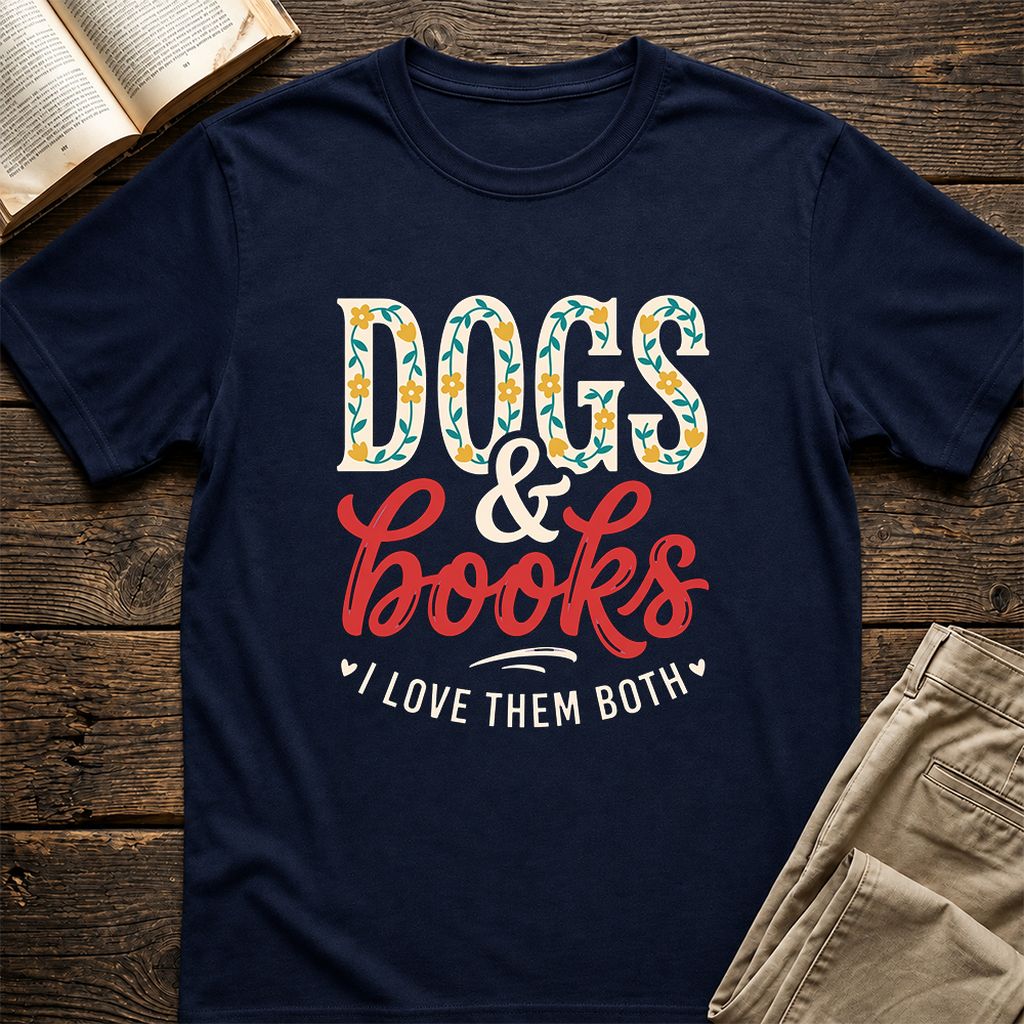 Dogs & Books I Love Them Both Printed T-Shirt | Dog Mom Reader Gift Navy