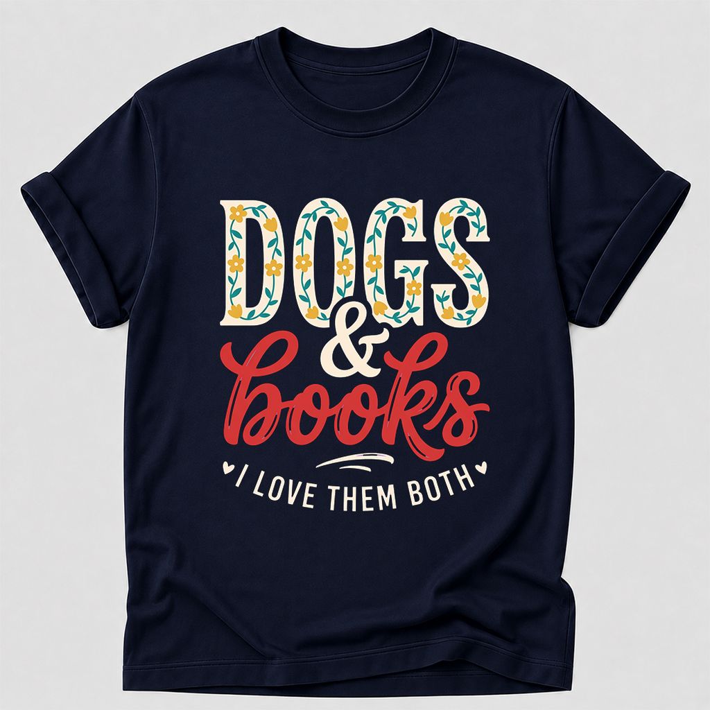 Dogs & Books I Love Them Both Printed T-Shirt | Dog Mom Reader Gift Navy