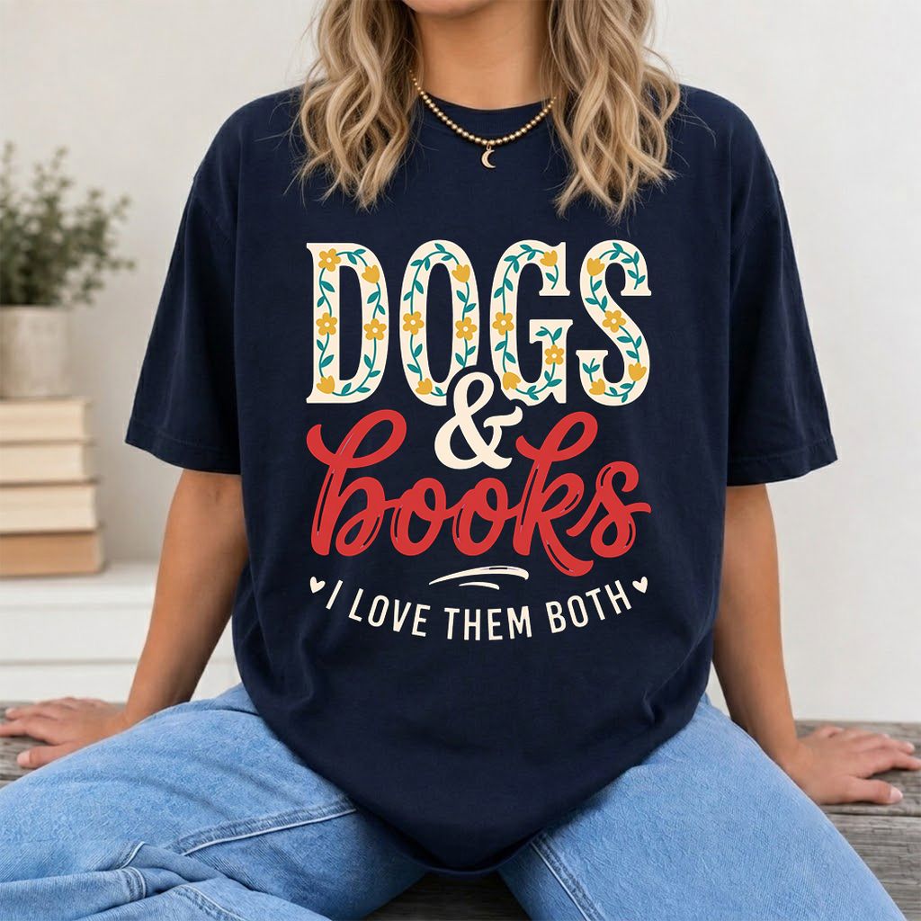 Dogs & Books I Love Them Both Printed T-Shirt | Dog Mom Reader Gift Navy