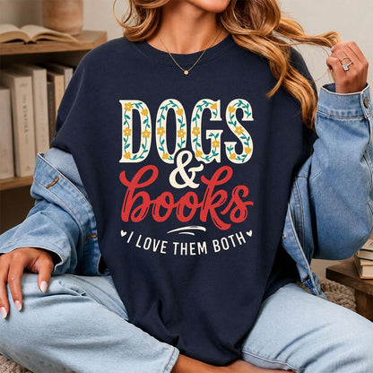 Dogs & Books I Love Them Both Printed T-Shirt | Dog Mom Reader Gift Navy