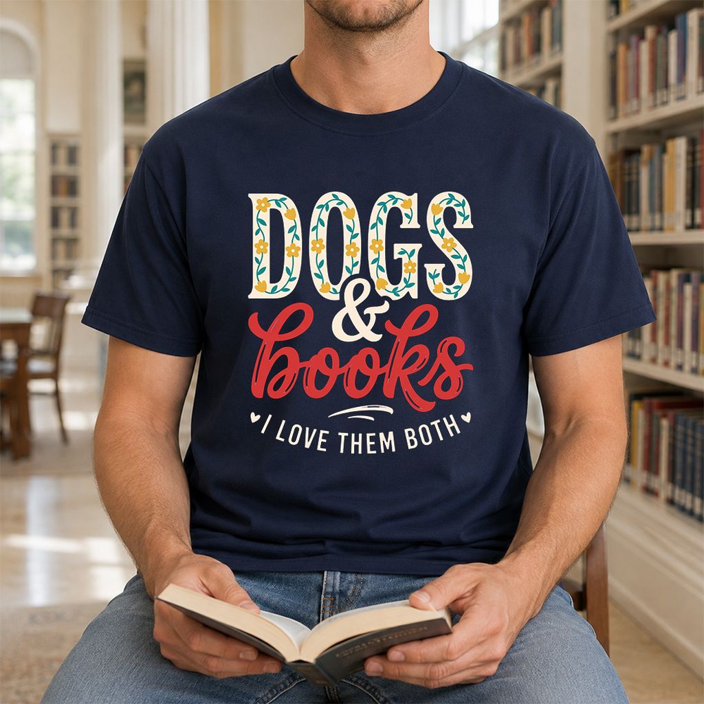 Dogs & Books I Love Them Both Printed T-Shirt | Dog Mom Reader Gift Navy
