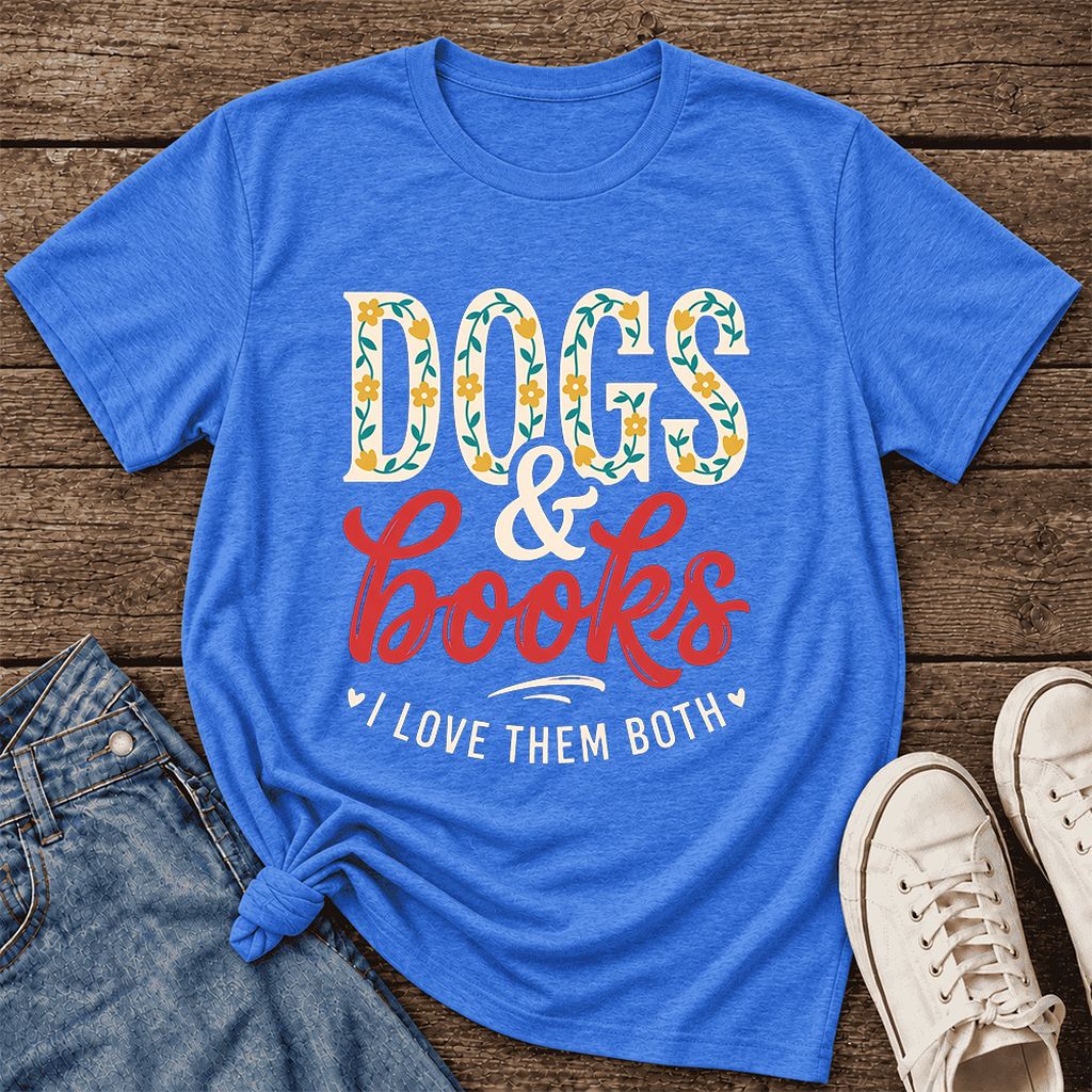 Dogs & Books I Love Them Both Ultra-Soft Cotton T-Shirt | Dog Mom Reader Gift Heather True Royal