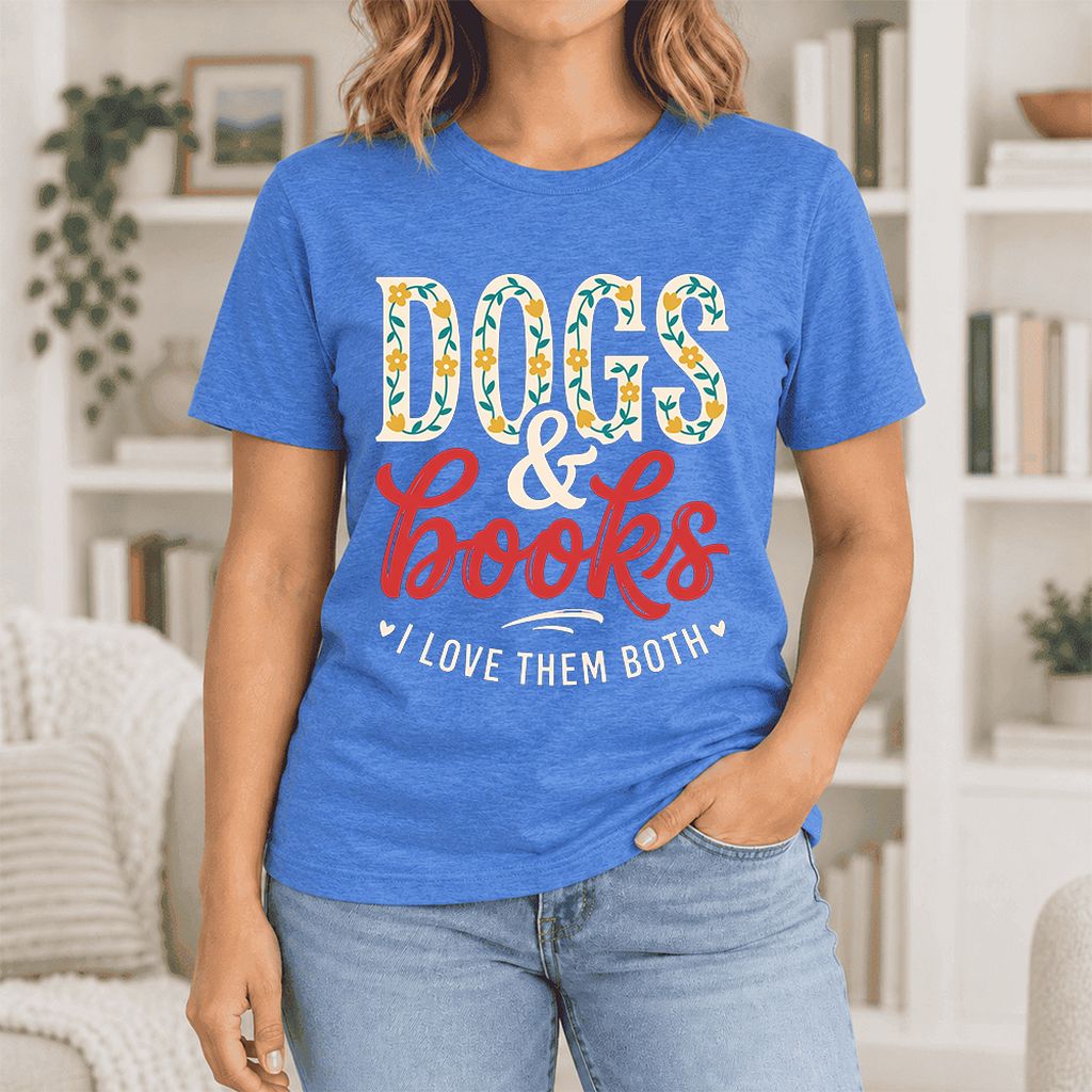 Dogs & Books I Love Them Both Ultra-Soft Cotton T-Shirt | Dog Mom Reader Gift Heather True Royal