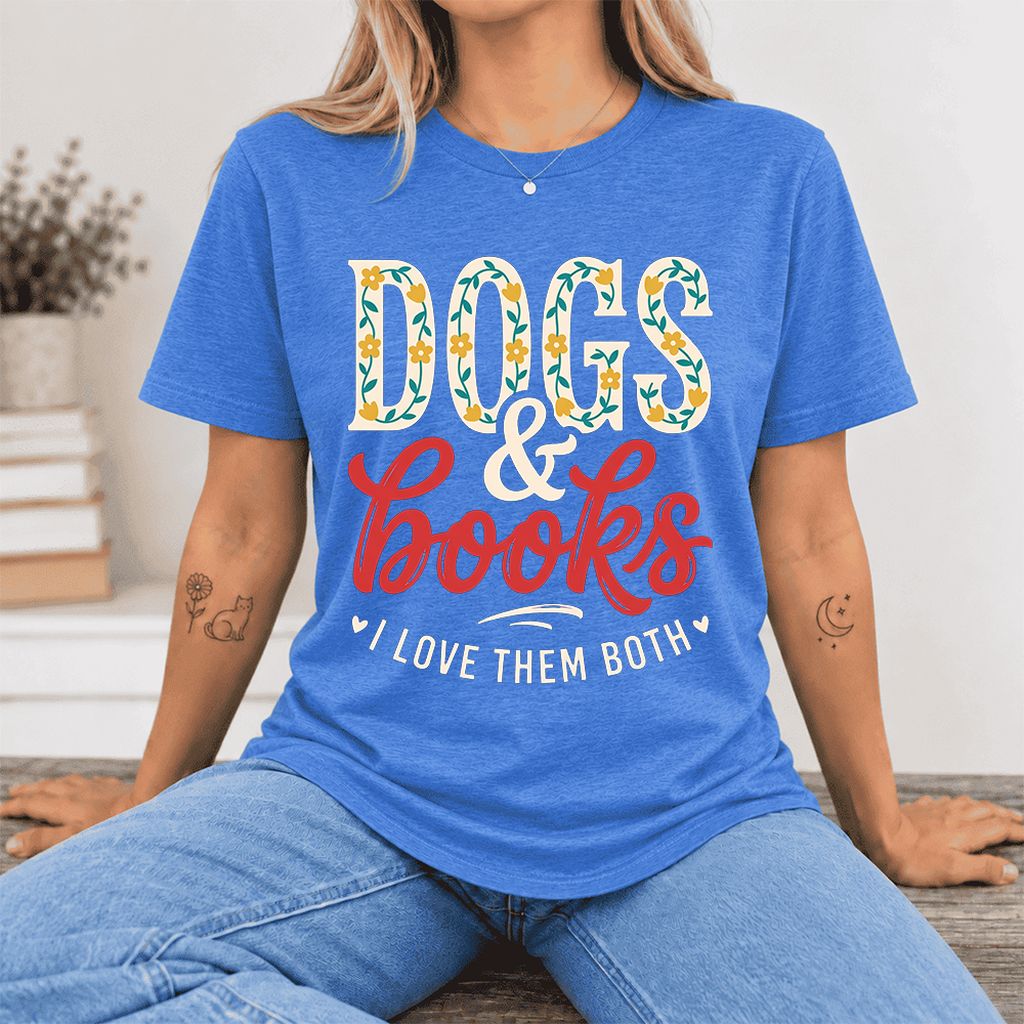 Dogs & Books I Love Them Both Ultra-Soft Cotton T-Shirt | Dog Mom Reader Gift Heather True Royal