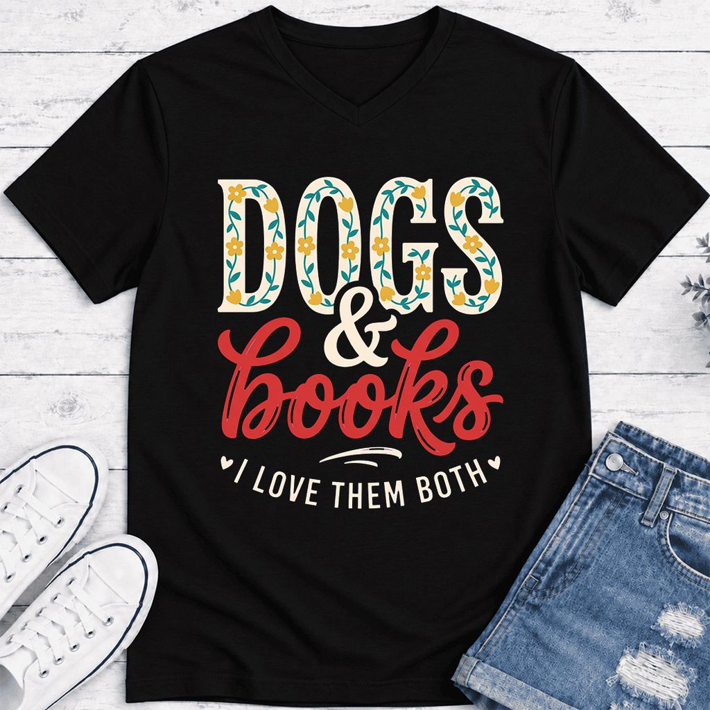 Dogs & Books I Love Them Both Ultra-Soft V-Neck | Dog Mom Reader Gift Black