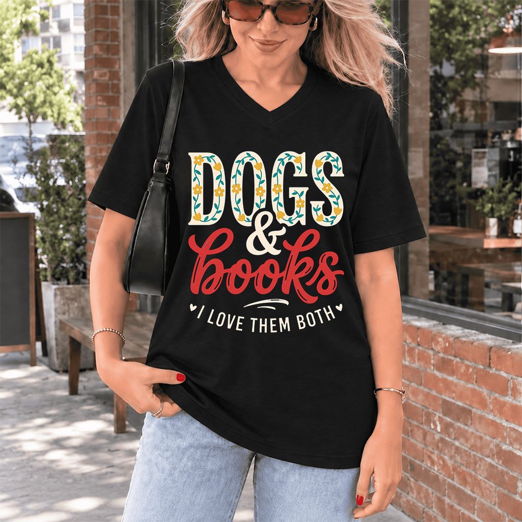 Dogs & Books I Love Them Both Ultra-Soft V-Neck | Dog Mom Reader Gift Black