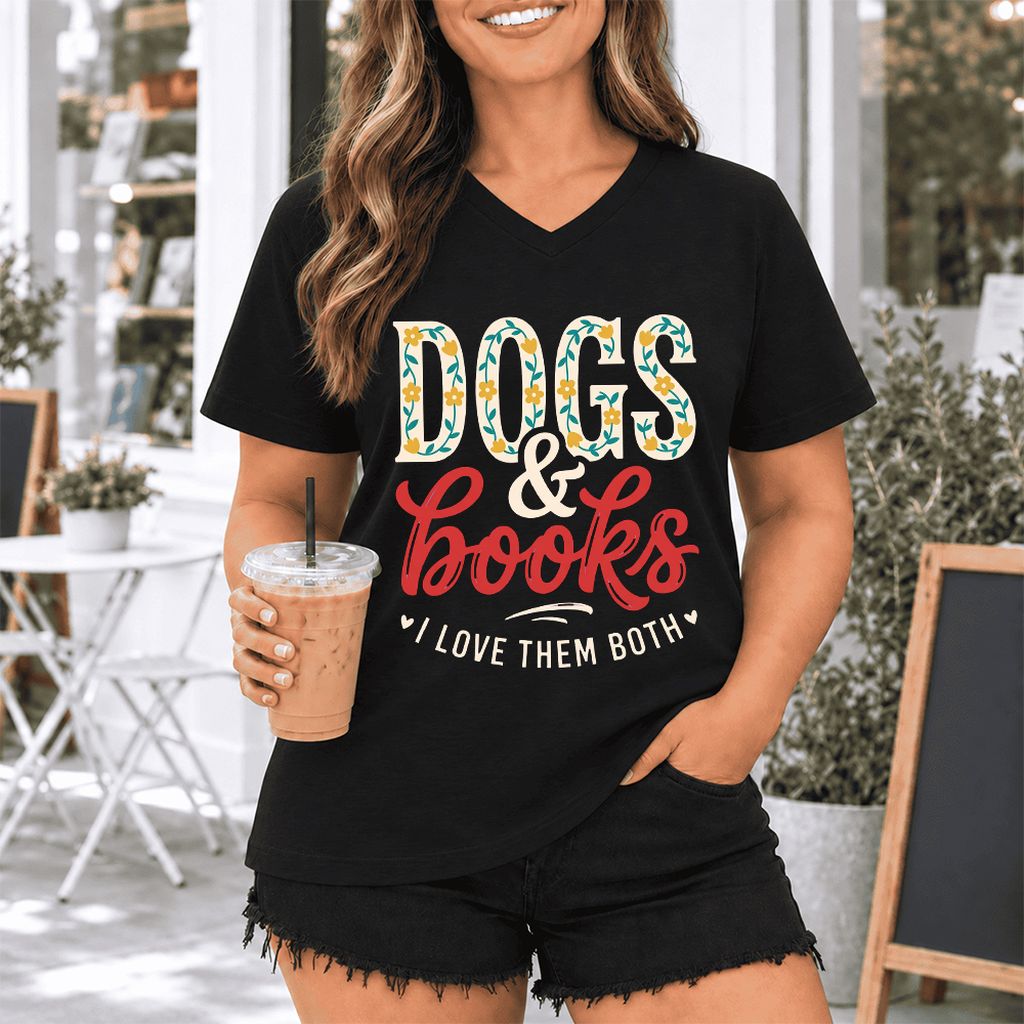 Dogs & Books I Love Them Both Ultra-Soft V-Neck | Dog Mom Reader Gift Black