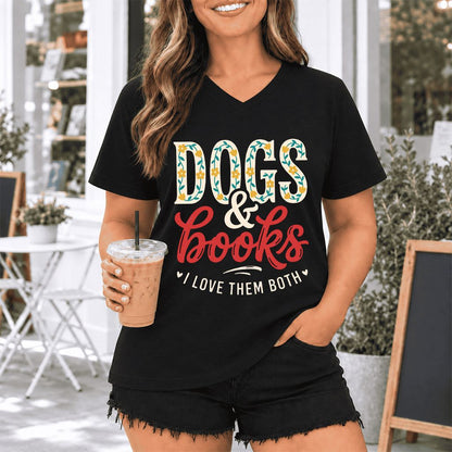 Dogs & Books I Love Them Both Ultra-Soft V-Neck | Dog Mom Reader Gift Black