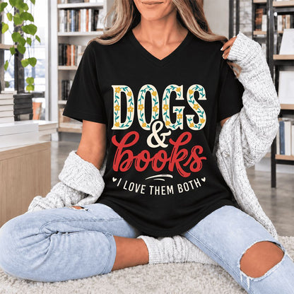Dogs & Books I Love Them Both Ultra-Soft V-Neck | Dog Mom Reader Gift Black