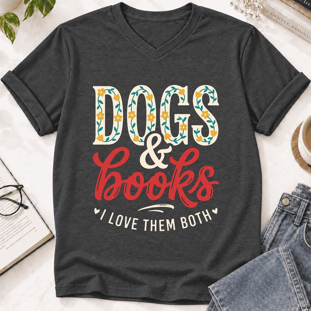 Dogs & Books I Love Them Both Ultra-Soft V-Neck | Dog Mom Reader Gift Dark Grey Heather