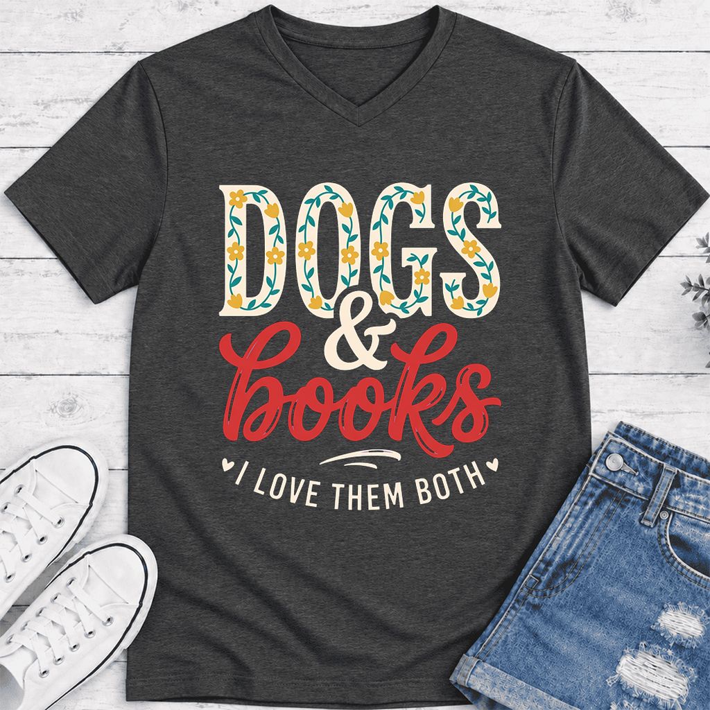 Dogs & Books I Love Them Both Ultra-Soft V-Neck | Dog Mom Reader Gift Dark Grey Heather