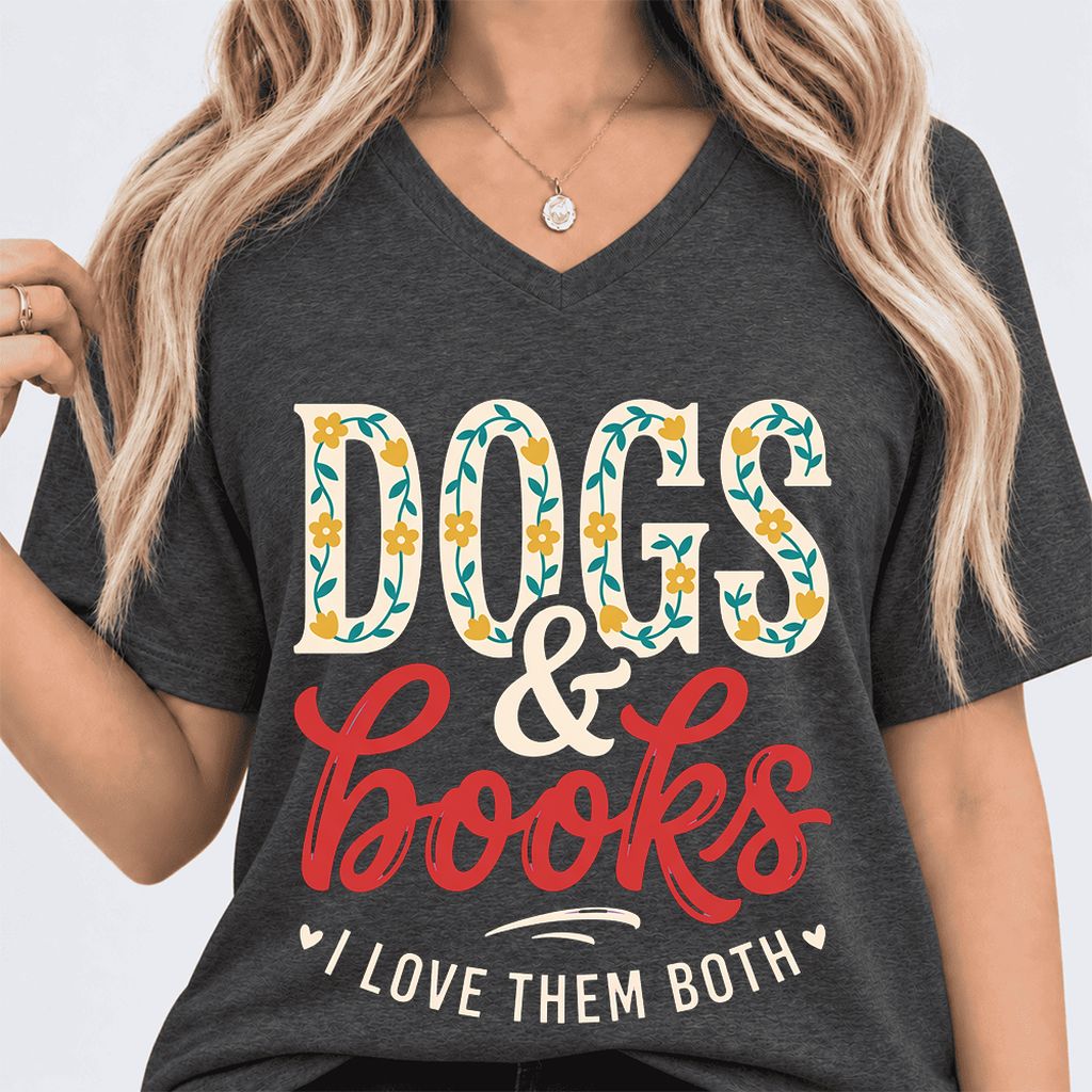 Dogs & Books I Love Them Both Ultra-Soft V-Neck | Dog Mom Reader Gift Dark Grey Heather