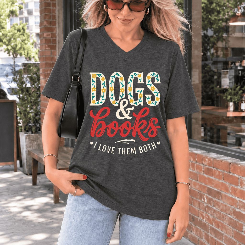 Dogs & Books I Love Them Both Ultra-Soft V-Neck | Dog Mom Reader Gift Dark Grey Heather