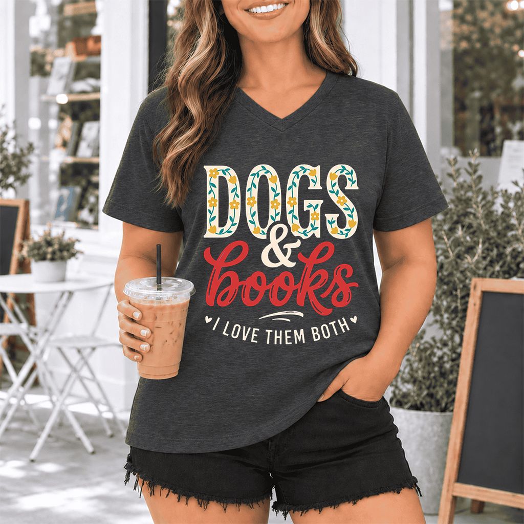 Dogs & Books I Love Them Both Ultra-Soft V-Neck | Dog Mom Reader Gift Dark Grey Heather