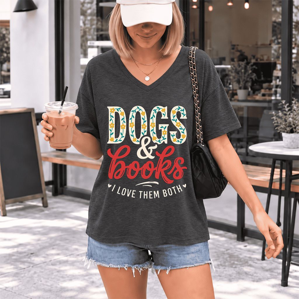 Dogs & Books I Love Them Both Ultra-Soft V-Neck | Dog Mom Reader Gift Dark Grey Heather