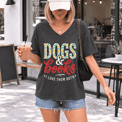Dogs & Books I Love Them Both Ultra-Soft V-Neck | Dog Mom Reader Gift Dark Grey Heather