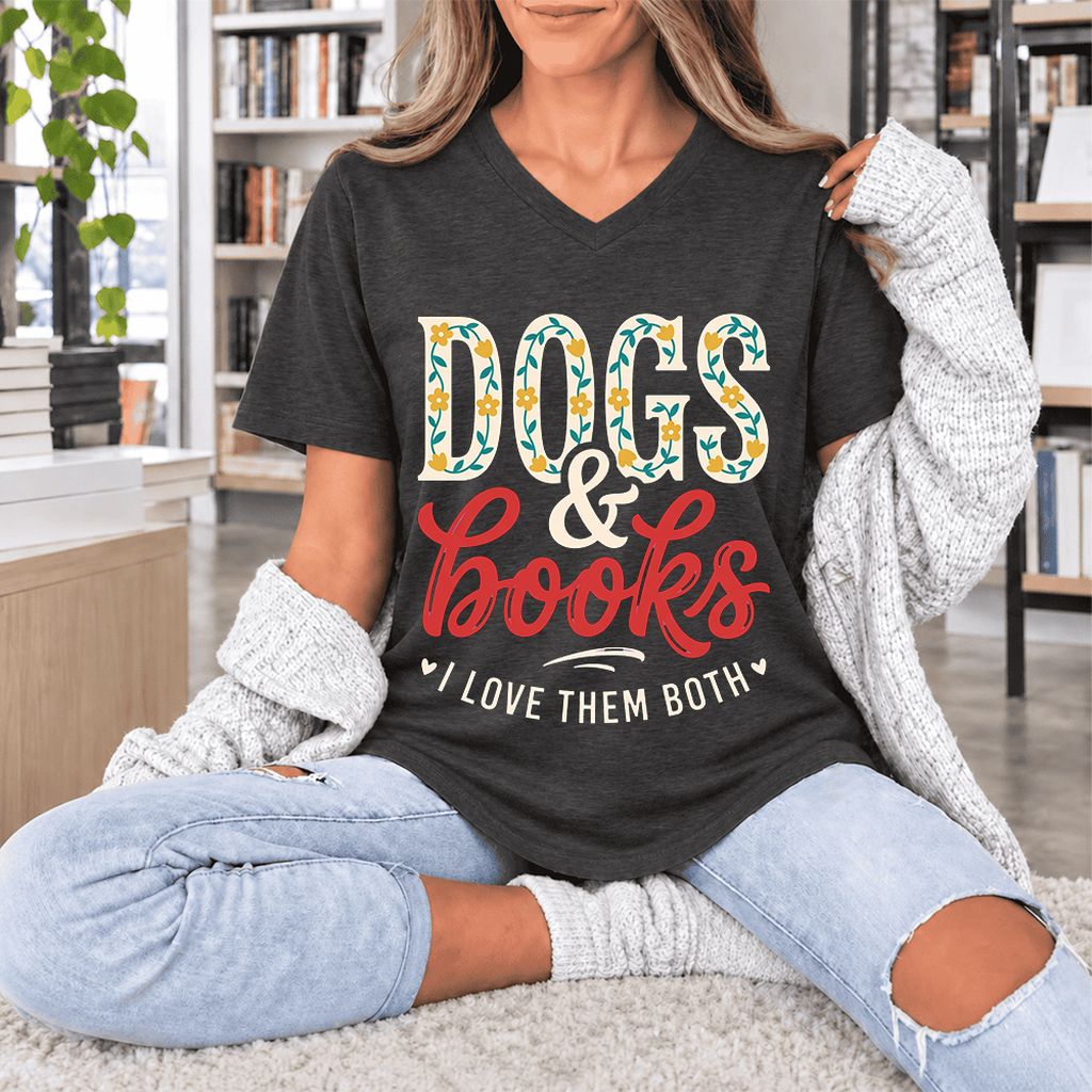 Dogs & Books I Love Them Both Ultra-Soft V-Neck | Dog Mom Reader Gift Dark Grey Heather