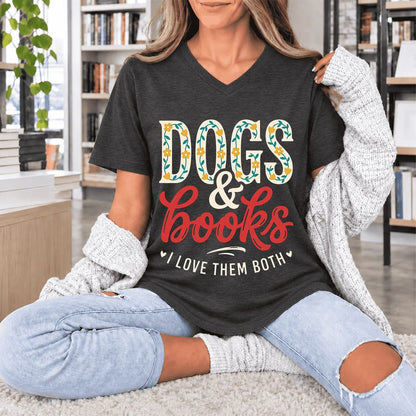 Dogs & Books I Love Them Both Ultra-Soft V-Neck | Dog Mom Reader Gift Dark Grey Heather