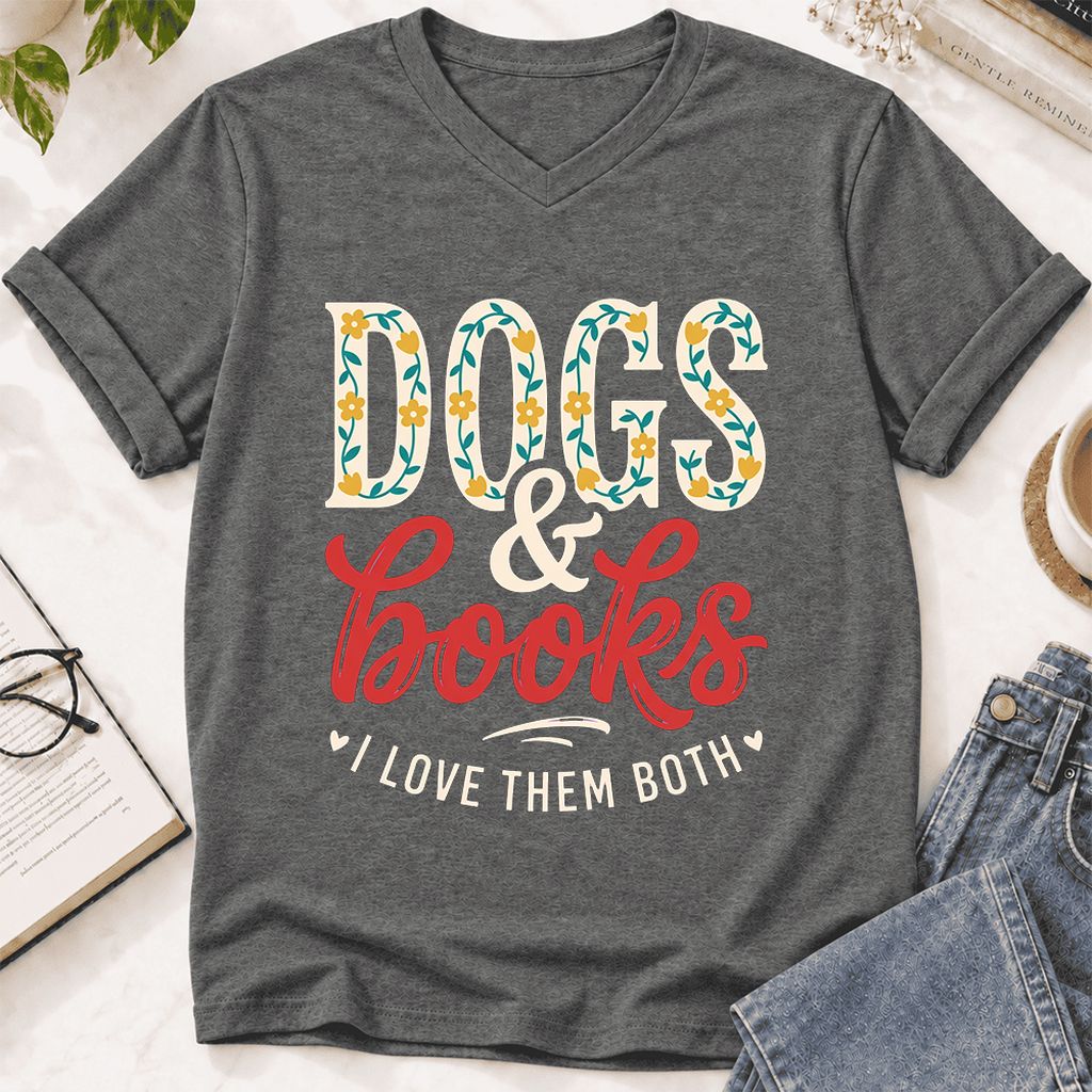 Dogs & Books I Love Them Both Ultra-Soft V-Neck | Dog Mom Reader Gift Deep Heather