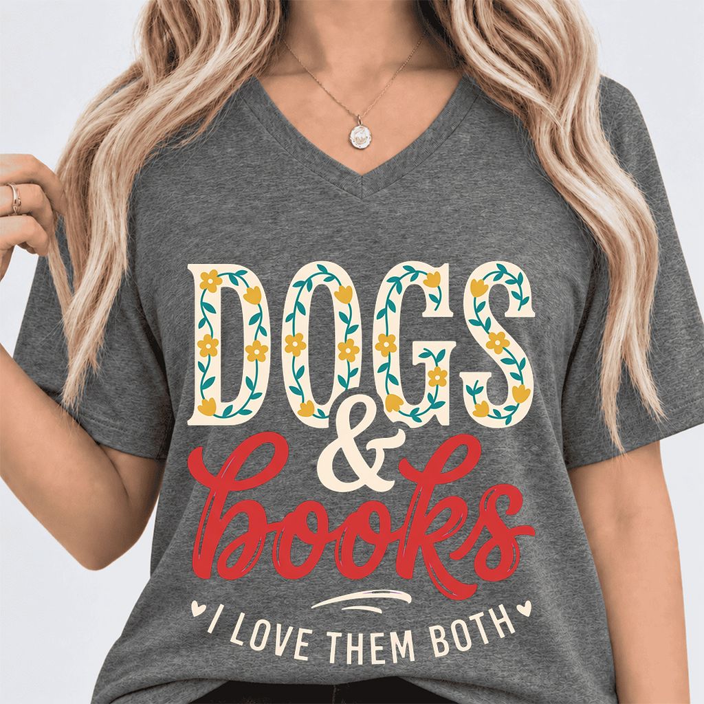Dogs & Books I Love Them Both Ultra-Soft V-Neck | Dog Mom Reader Gift Deep Heather