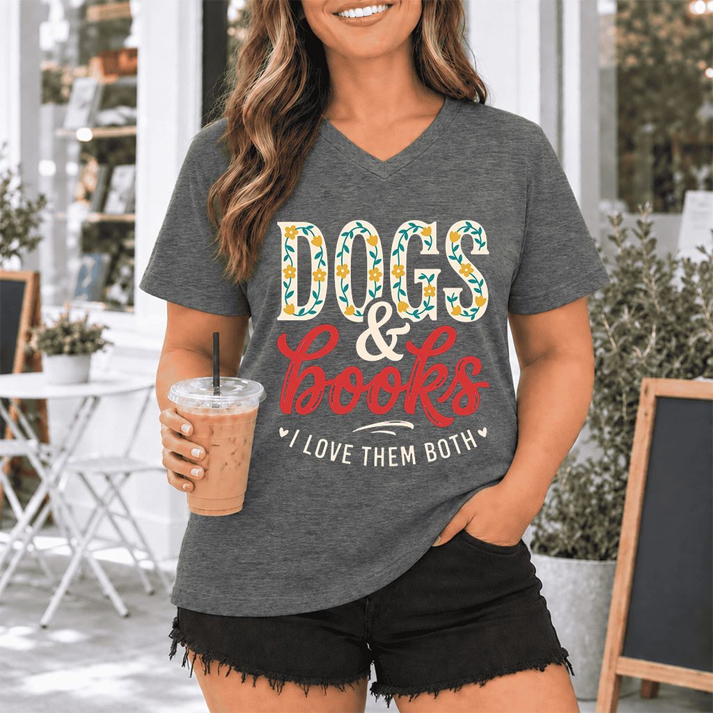 Dogs & Books I Love Them Both Ultra-Soft V-Neck | Dog Mom Reader Gift Deep Heather