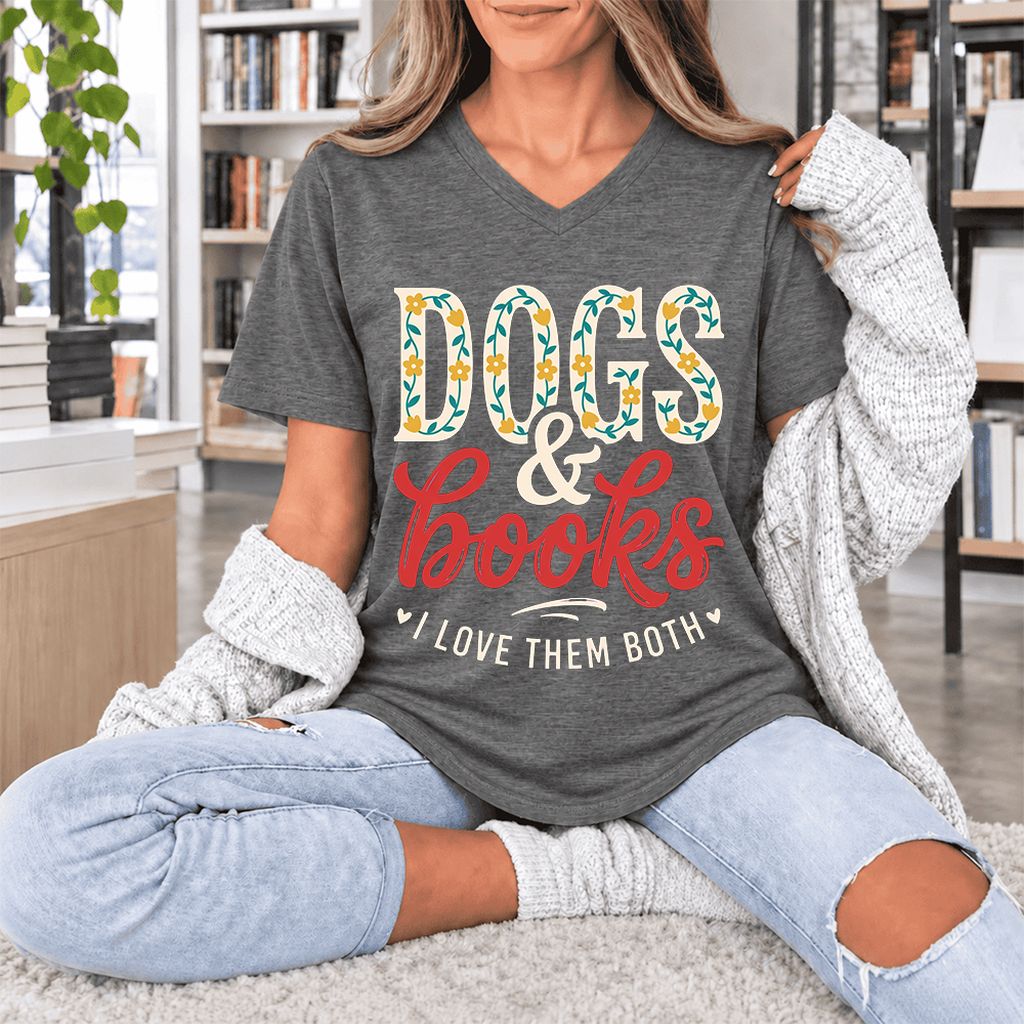 Dogs & Books I Love Them Both Ultra-Soft V-Neck | Dog Mom Reader Gift Deep Heather
