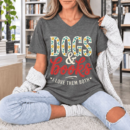 Dogs & Books I Love Them Both Ultra-Soft V-Neck | Dog Mom Reader Gift Deep Heather