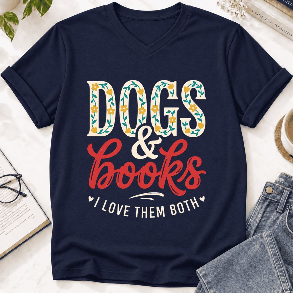 Dogs & Books I Love Them Both Ultra-Soft V-Neck | Dog Mom Reader Gift Navy