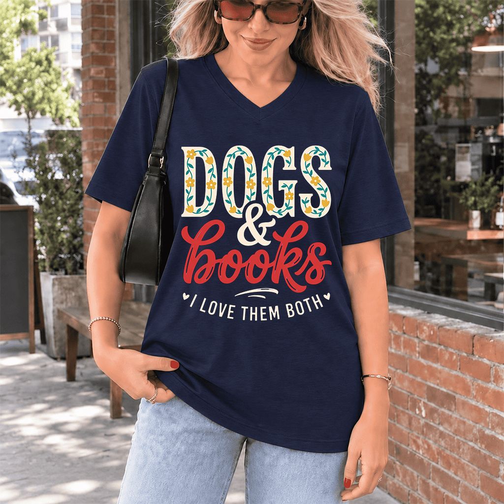 Dogs & Books I Love Them Both Ultra-Soft V-Neck | Dog Mom Reader Gift Navy