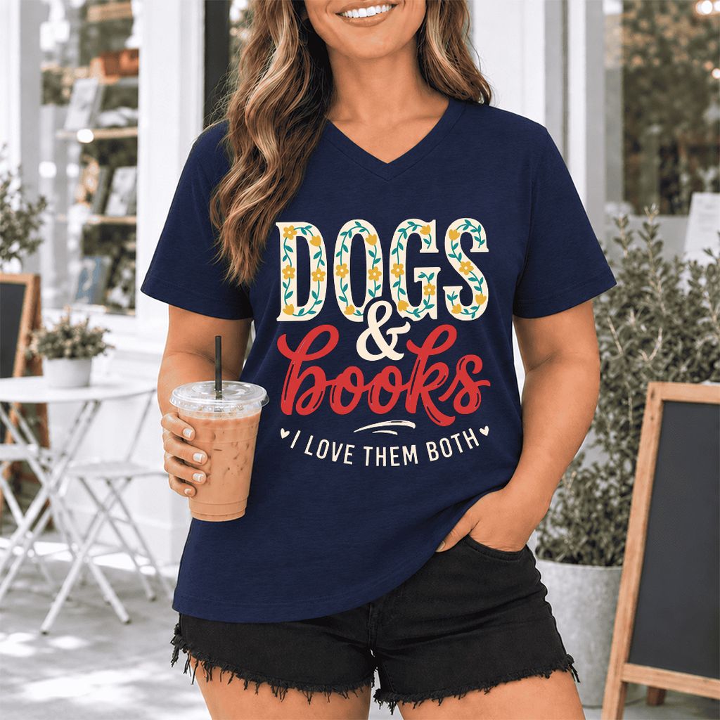 Dogs & Books I Love Them Both Ultra-Soft V-Neck | Dog Mom Reader Gift Navy