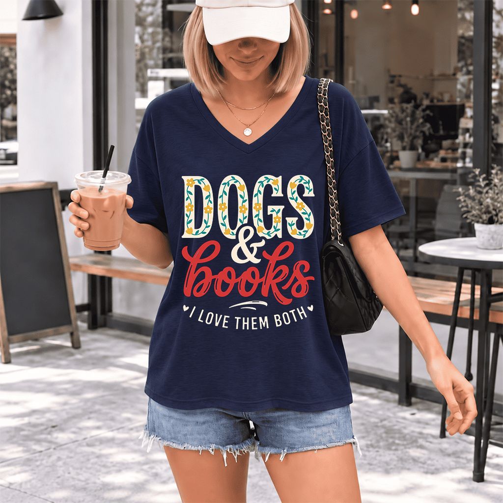 Dogs & Books I Love Them Both Ultra-Soft V-Neck | Dog Mom Reader Gift Navy
