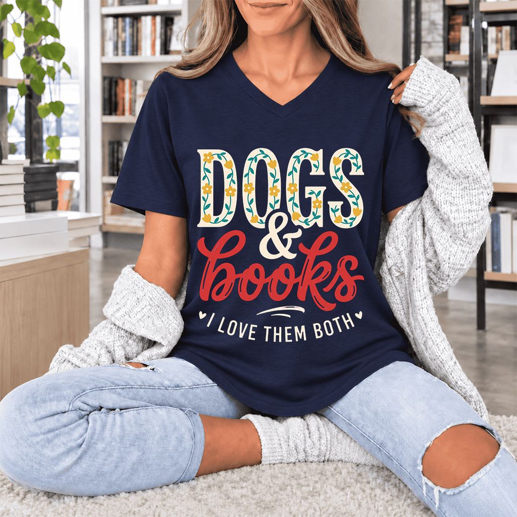 Dogs & Books I Love Them Both Ultra-Soft V-Neck | Dog Mom Reader Gift Navy