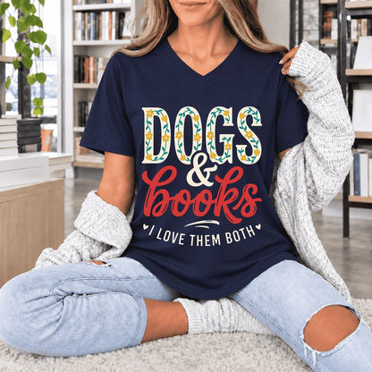 Dogs & Books I Love Them Both Ultra-Soft V-Neck | Dog Mom Reader Gift Navy