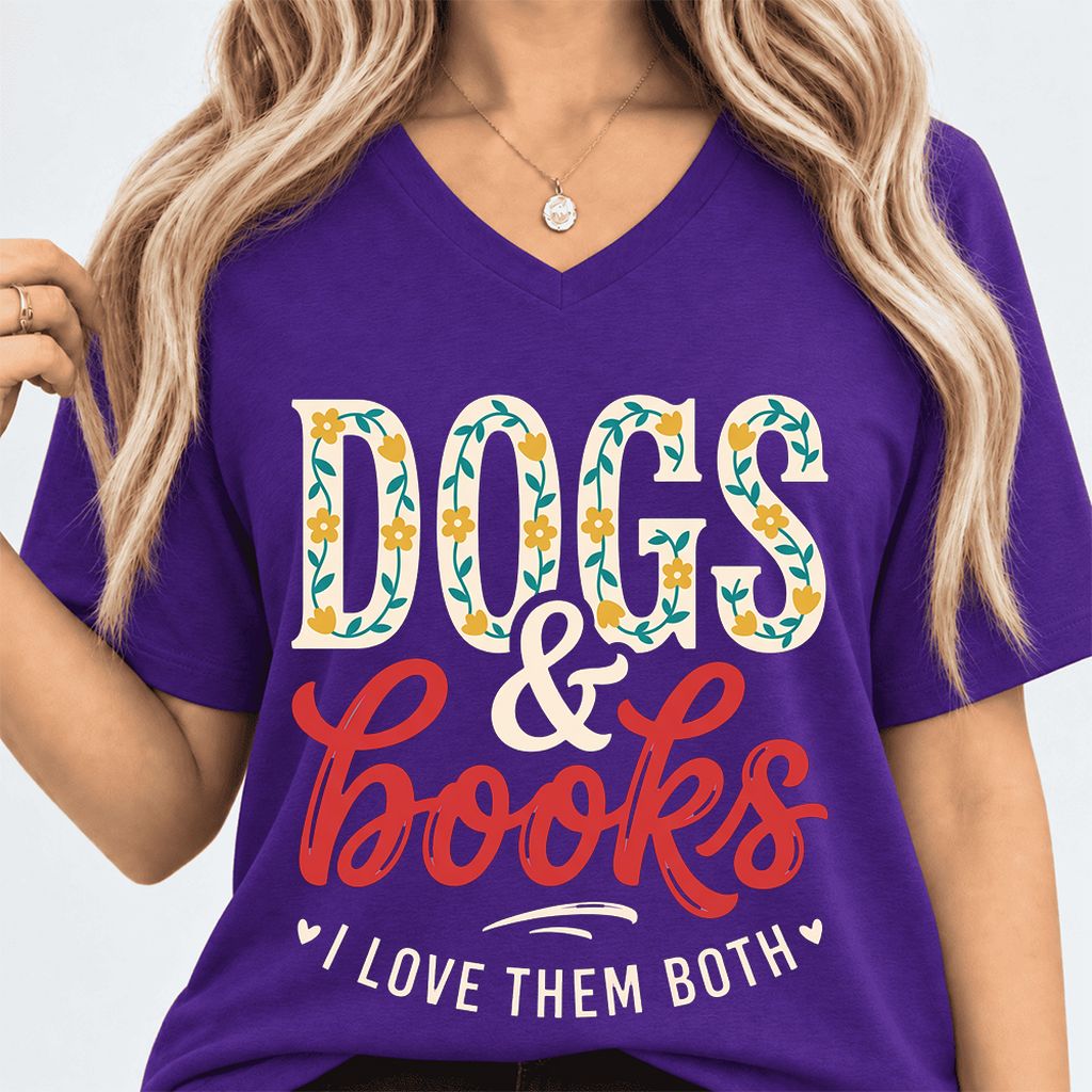 Dogs & Books I Love Them Both Ultra-Soft V-Neck | Dog Mom Reader Gift Team Purple