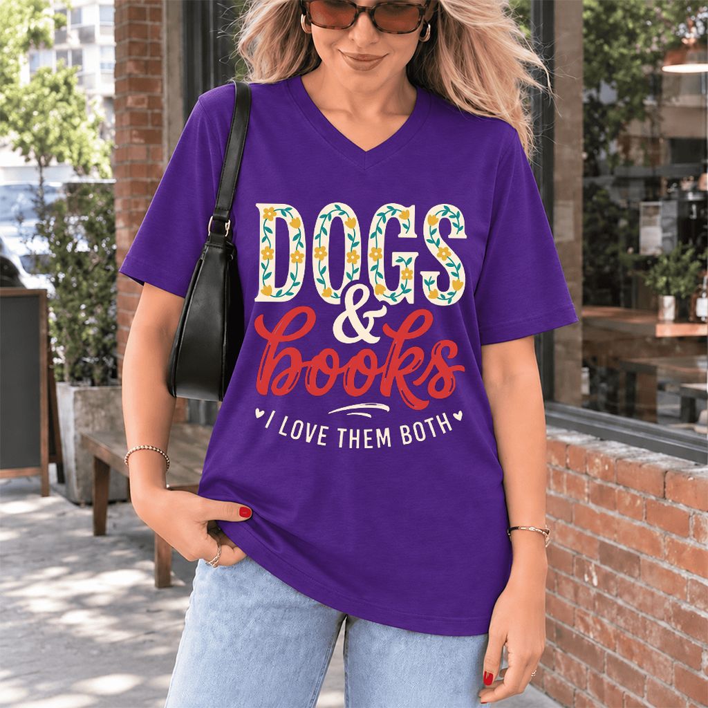 Dogs & Books I Love Them Both Ultra-Soft V-Neck | Dog Mom Reader Gift Team Purple