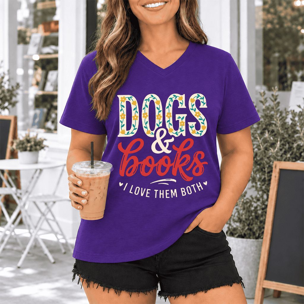 Dogs & Books I Love Them Both Ultra-Soft V-Neck | Dog Mom Reader Gift Team Purple