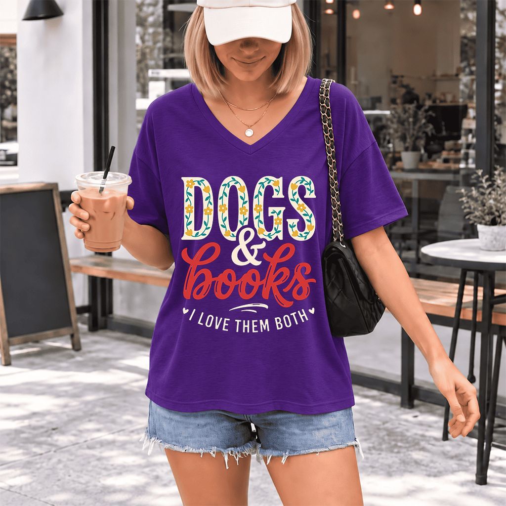 Dogs & Books I Love Them Both Ultra-Soft V-Neck | Dog Mom Reader Gift Team Purple