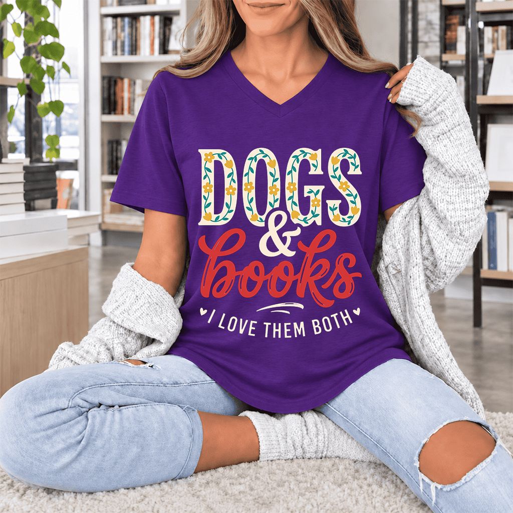 Dogs & Books I Love Them Both Ultra-Soft V-Neck | Dog Mom Reader Gift Team Purple