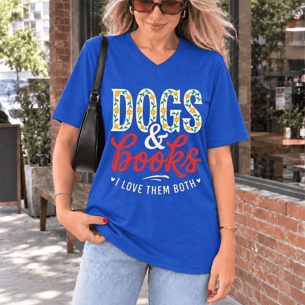Dogs & Books I Love Them Both Ultra-Soft V-Neck | Dog Mom Reader Gift True Royal
