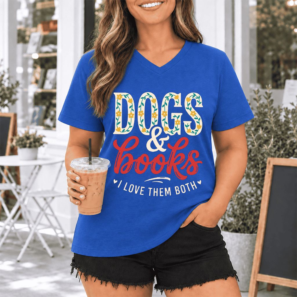 Dogs & Books I Love Them Both Ultra-Soft V-Neck | Dog Mom Reader Gift True Royal