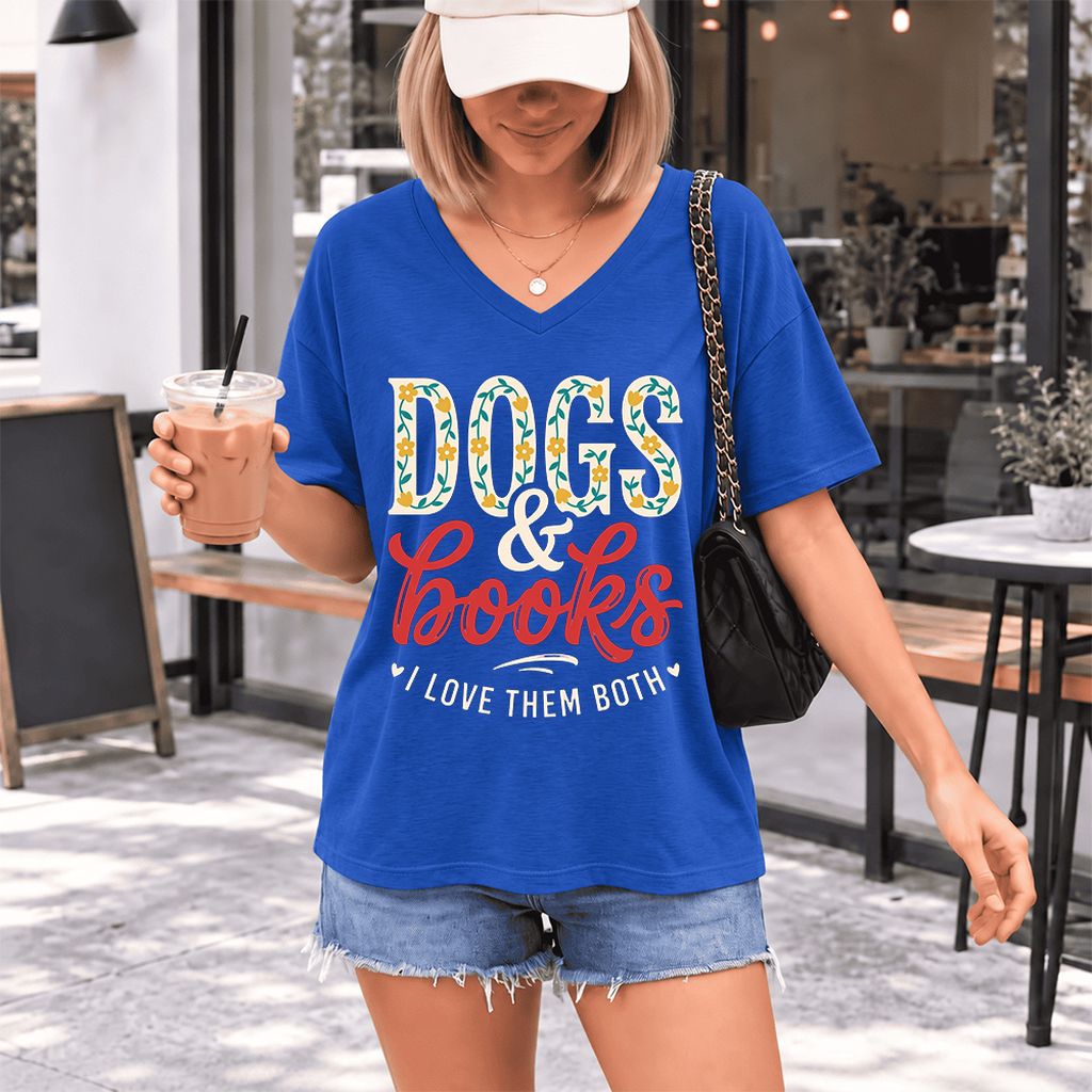 Dogs & Books I Love Them Both Ultra-Soft V-Neck | Dog Mom Reader Gift True Royal