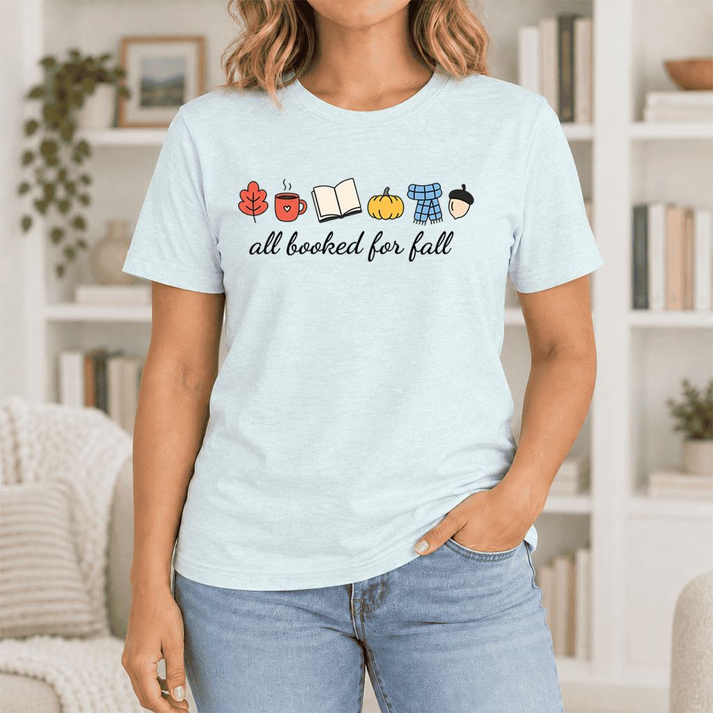 All Booked For Fall Ultra-Soft Cotton T-Shirt | Cozy Book Lover Gift Heather Ice Blue