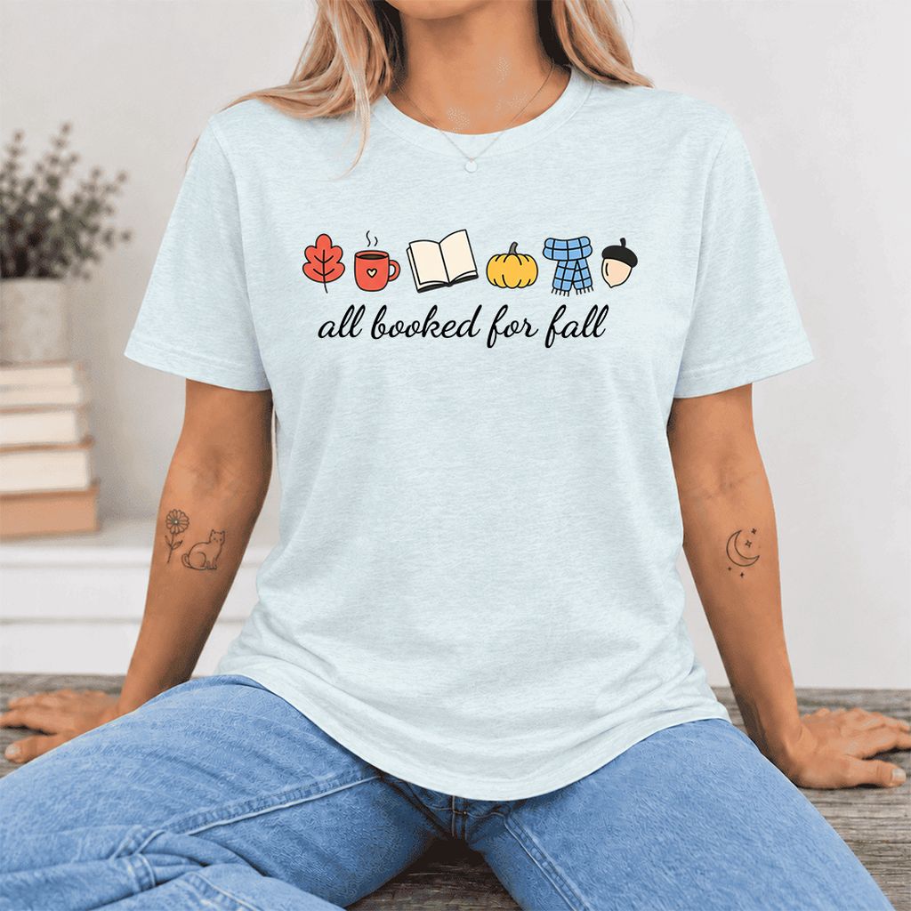 All Booked For Fall Ultra-Soft Cotton T-Shirt | Cozy Book Lover Gift Heather Ice Blue