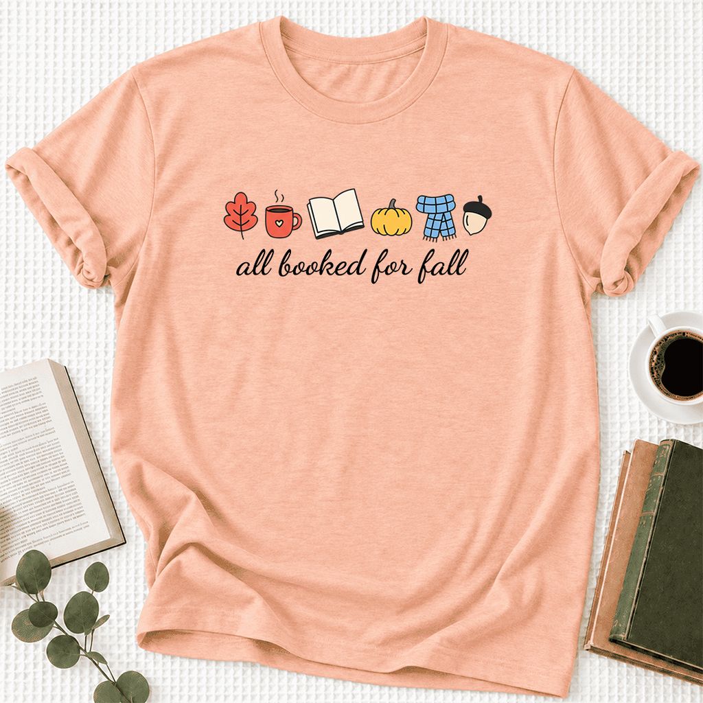 All Booked For Fall Ultra-Soft Cotton T-Shirt | Cozy Book Lover Gift Heather Peach