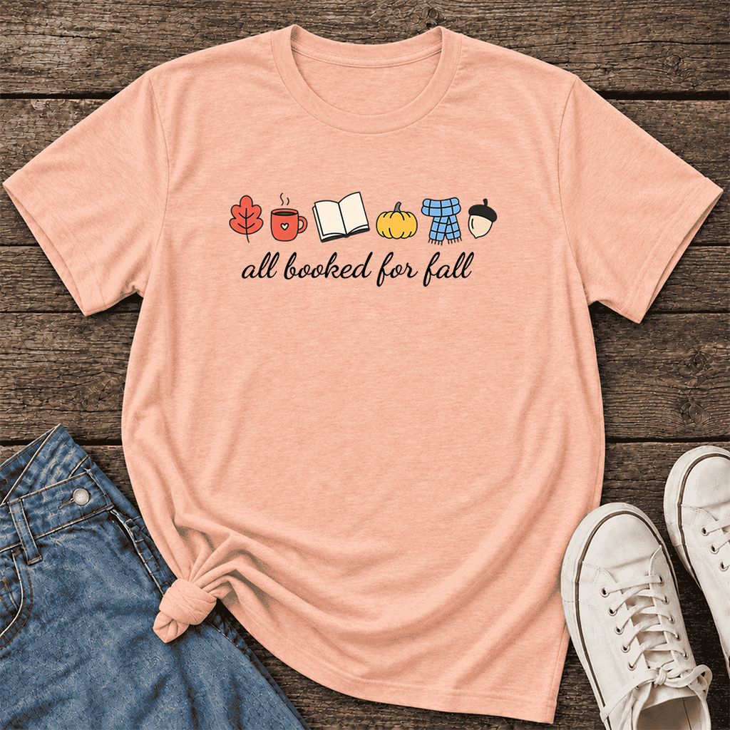 All Booked For Fall Ultra-Soft Cotton T-Shirt | Cozy Book Lover Gift Heather Peach