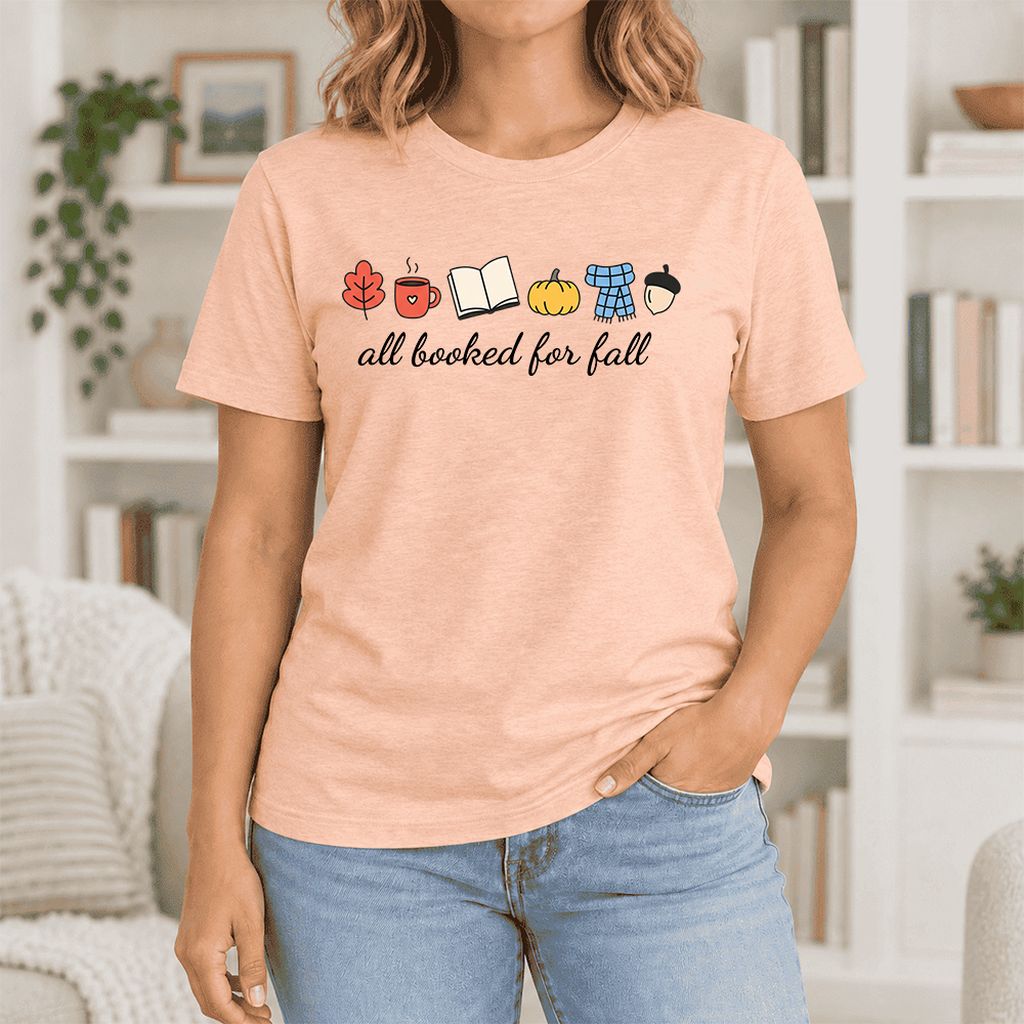 All Booked For Fall Ultra-Soft Cotton T-Shirt | Cozy Book Lover Gift Heather Peach