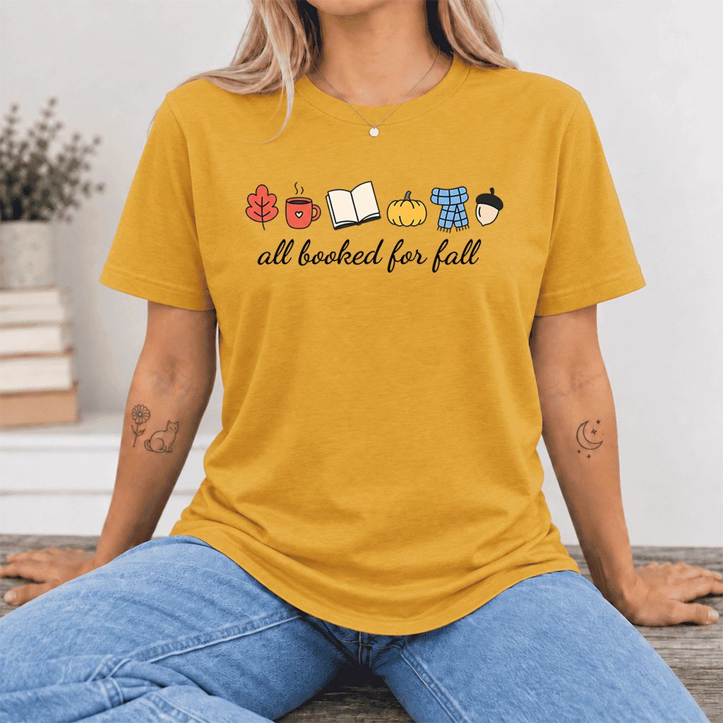 All Booked For Fall Ultra-Soft Cotton T-Shirt | Cozy Book Lover Gift Mustard